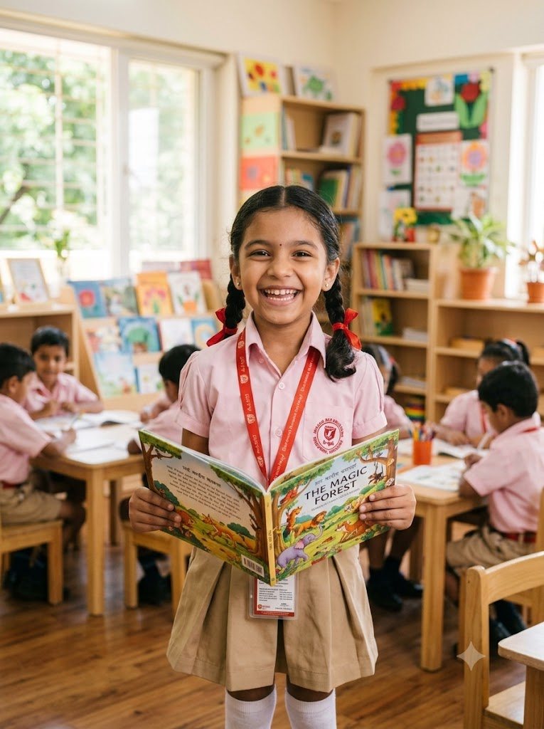 A happy Indian student holding an open book